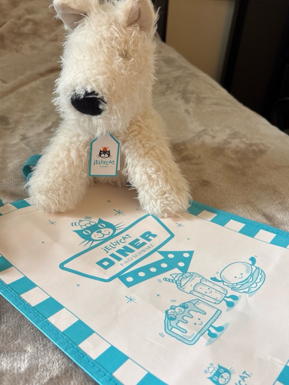 Jellycat Cream Plush Lamb with Turquoise Diner Placemat